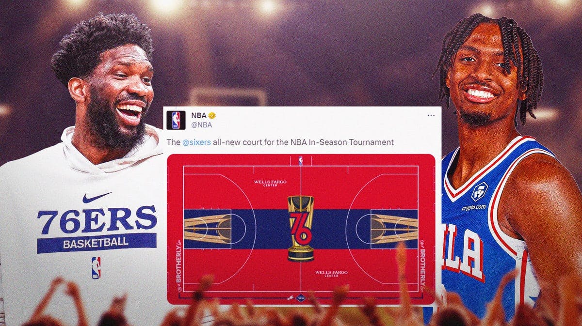 Joel Embiid and Tyrese Maxey looking at the Sixers' new court for the NBA In-Season Tournament
