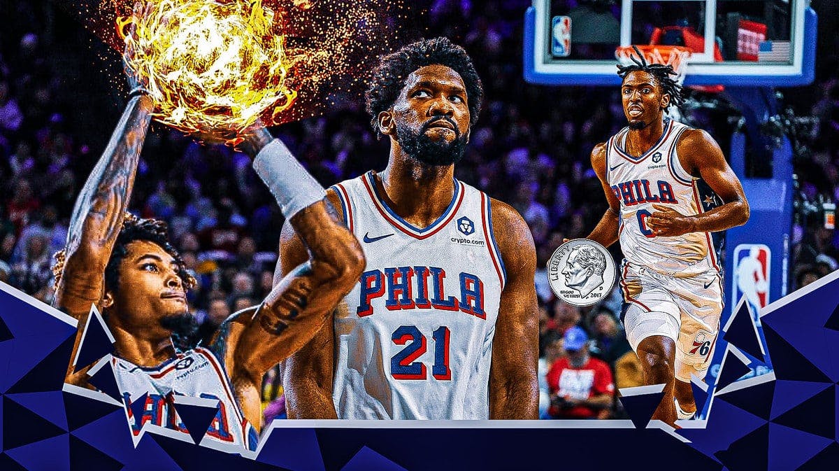 Sixers players Kelly Oubre Jr shooting a ball that's on fire, Joel Embiid looking serious and Tyrese Maxey holding an oversized dime