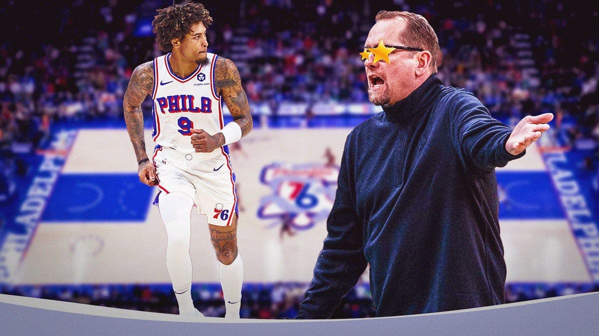 Sixers wing Kelly Oubre Jr running next to Nick Nurse with stars covering his eyes