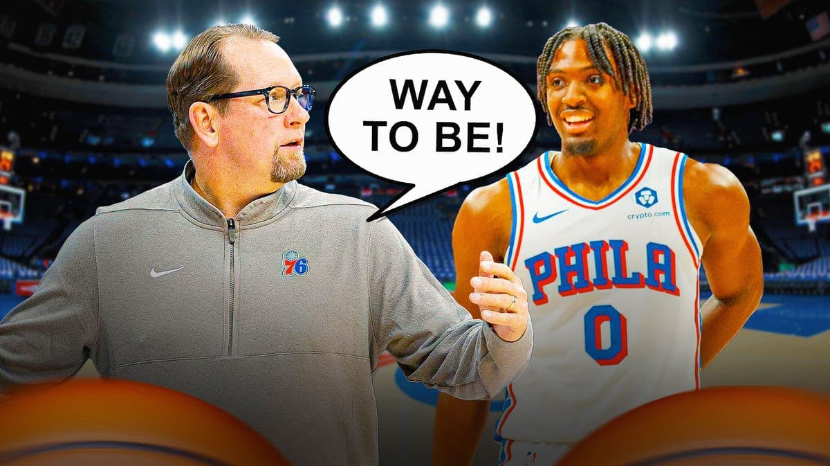 Sixers coach Nick Nurse telling Tyrese Maxey "Way to be!"