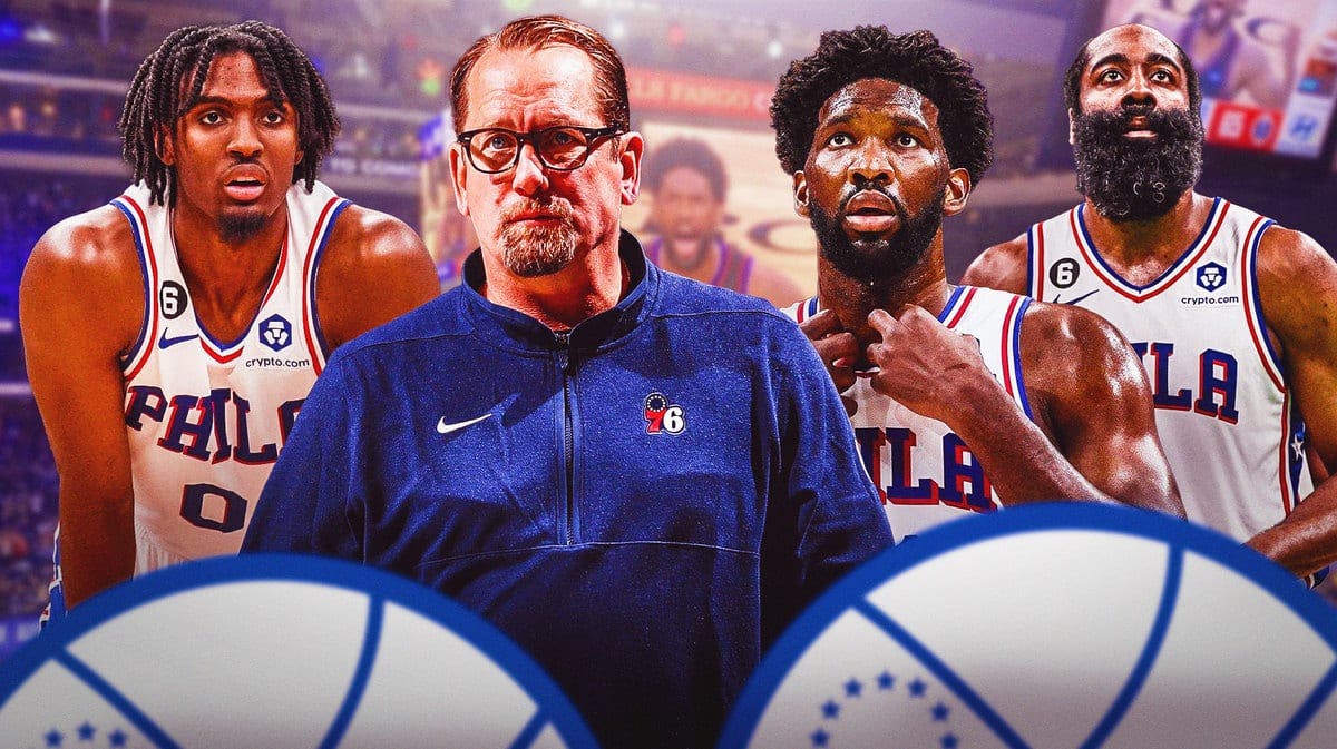 Sixers players Tyrese Maxey, Joel Embiid and James Harden standing behind Nick Nurse in the Sixers arena