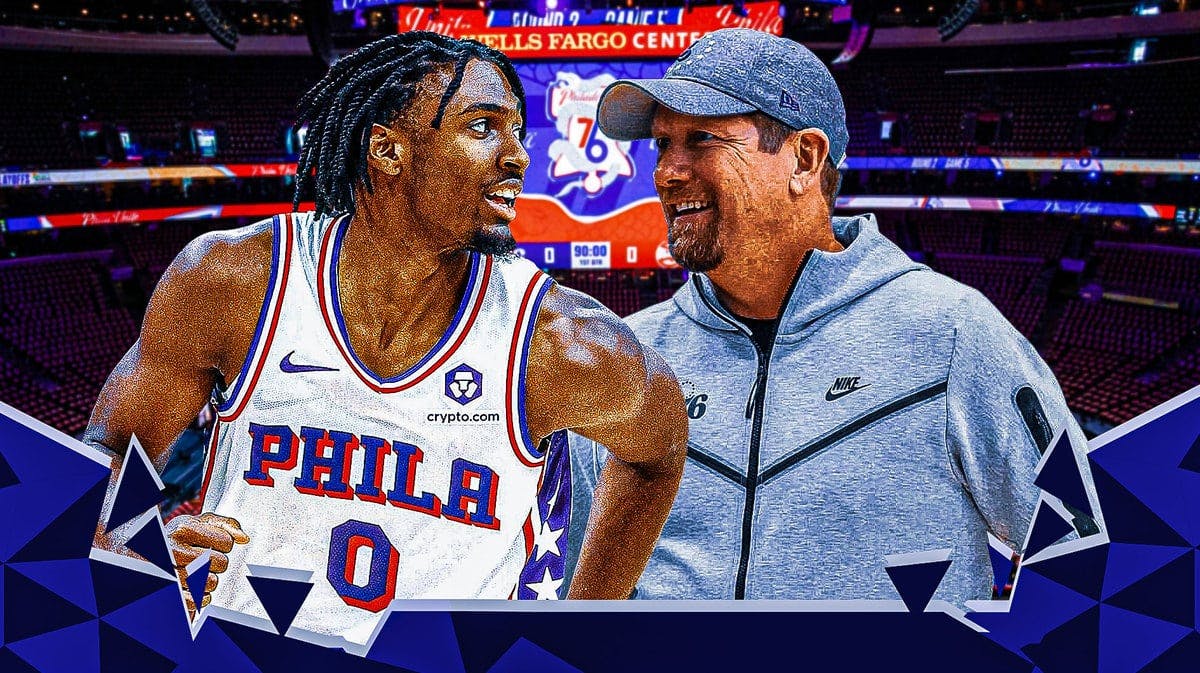 Sixers guard Tyrese Maxey and Nick Nurse looking happy at the Wells Fargo Center