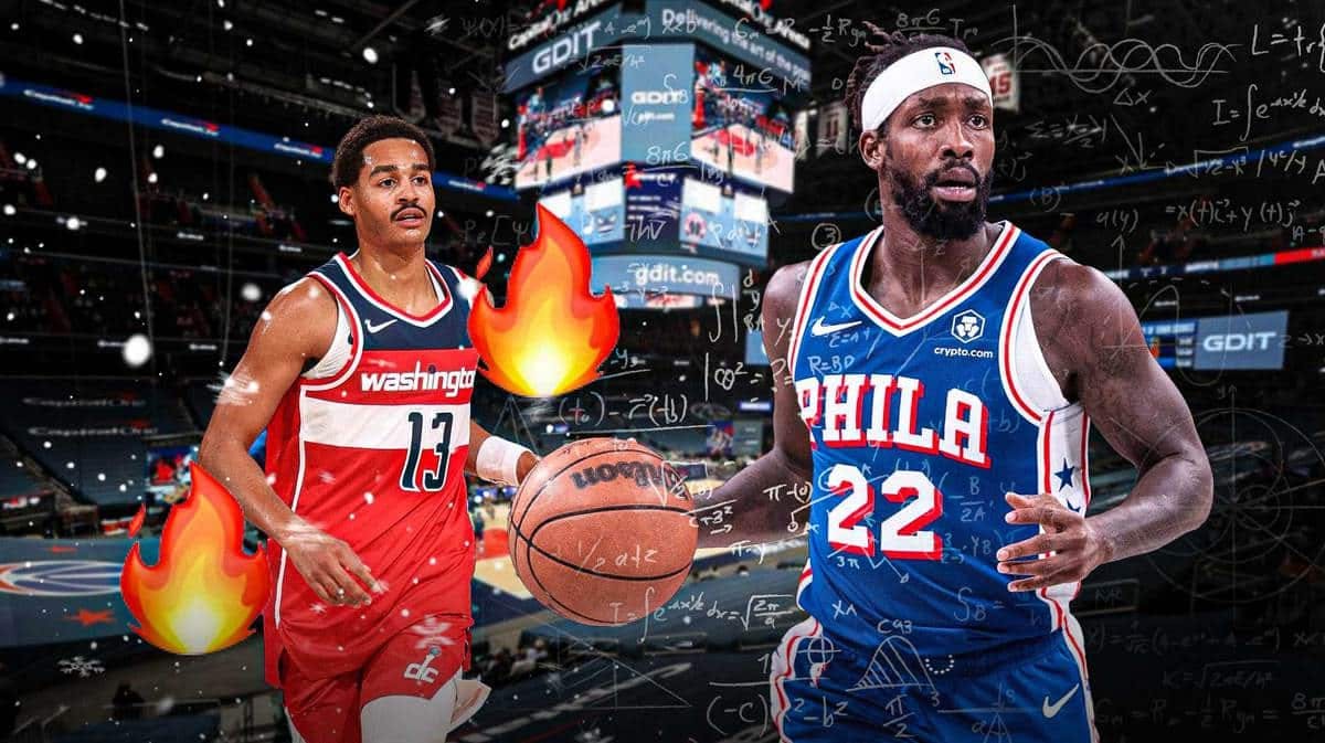 76ers' Patrick Beverley with equations all over him, with Wizards' Jordan Poole looking calm beside him, with the snowflake and fire emoji beside Poole