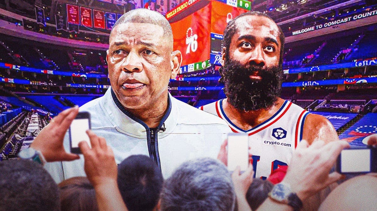 Former Philadelphia 76ers head coach Doc Rivers and current Sixers star James Harden in front of the Wells Fargo Center.