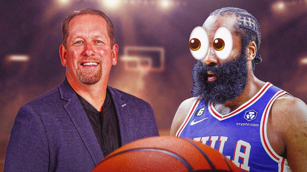 Sixers James Harden with big eyes looking at Nick Nurse