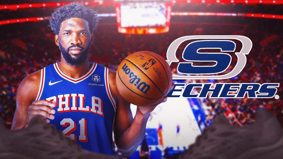 Sixers star Joel Embiid posing next to the Skechers logo in anticipation of his endorsement deal