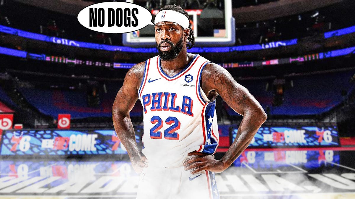 Patrick Beverley saying: 'No Dogs' and have the Sixers arena in the background
