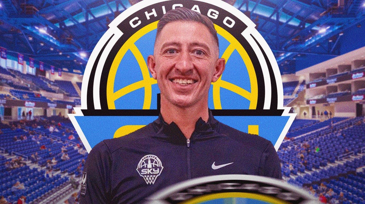 Jeff Pagliocca in a suit, Chicago Sky logo behind him, Wintrust Arena as background