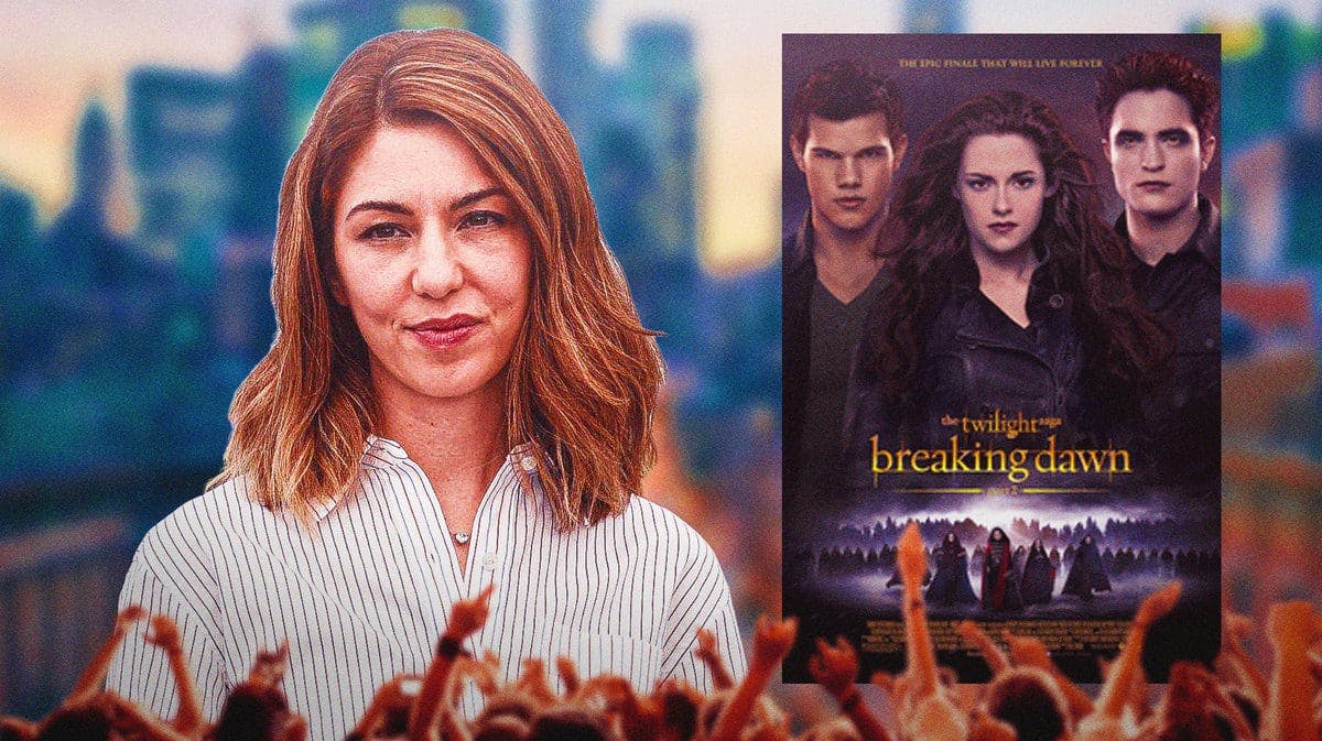 Sofia Coppola next to Twilight: Breaking Dawn Part 2 poster with skyline background.