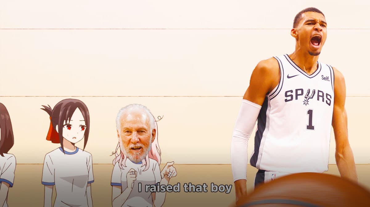 Spurs' Gregg Popovich in the i raised that boy meme, with the boy in question being Victor Wembanyama