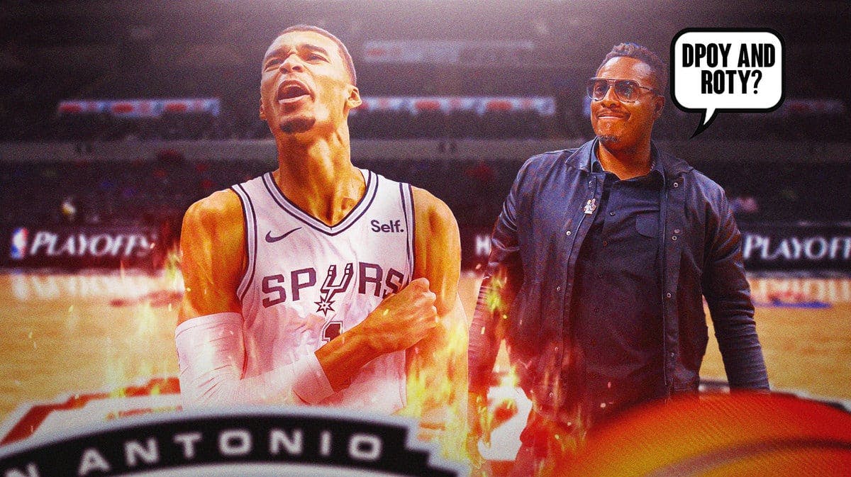 Image: Victor Wembanyama in middle of image looking happy with fire around him, Paul Pierce in image with speech bubble: “DPOY and ROTY?” , Spurs logo, basketball court