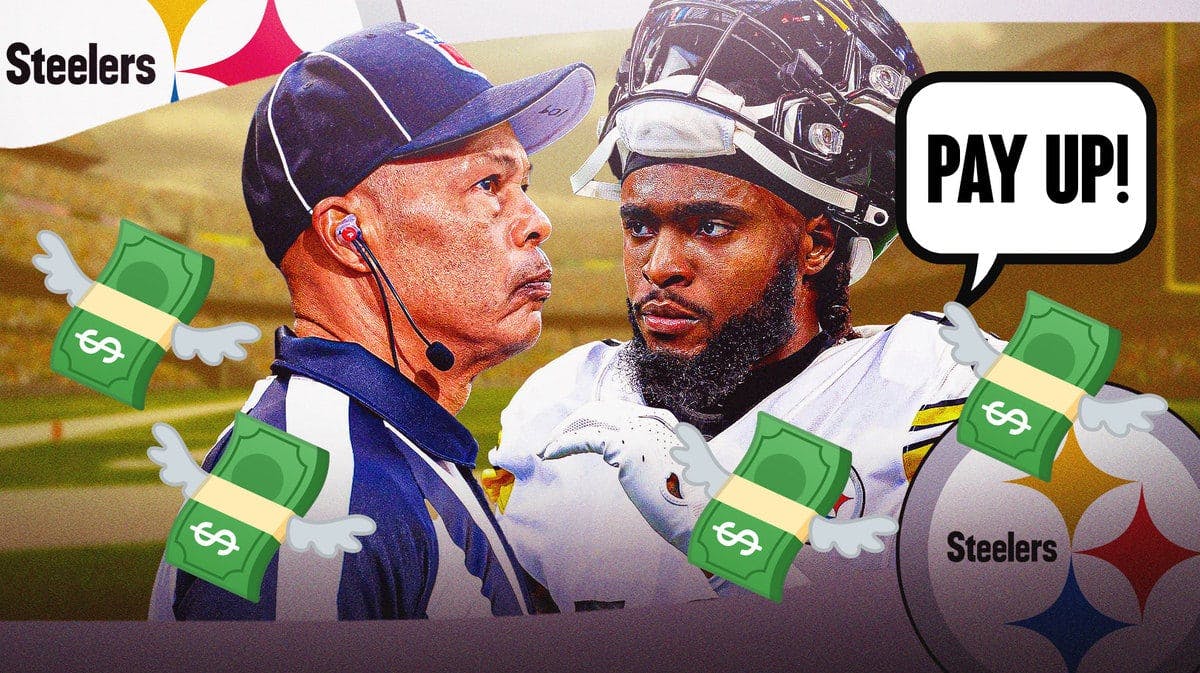 Pittsburgh Steelers' Diontae Johnson and image of NFL officials. Speech bubble from Johnson (not refs) saying “Pay Up!” and 💸 emojis around the image