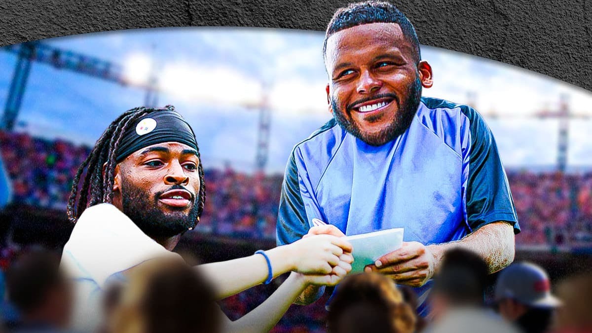 The Pittsburgh Steelers' Najee Harris asking for an autograph from the LA Rams' Aaron Donald.