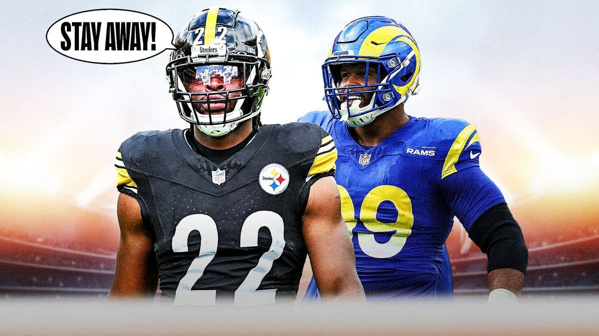 Pittsburgh Steelers' Najee Harris and a text bubble “Stay Away!” and image of Los Angeles Rams' Aaron Donald