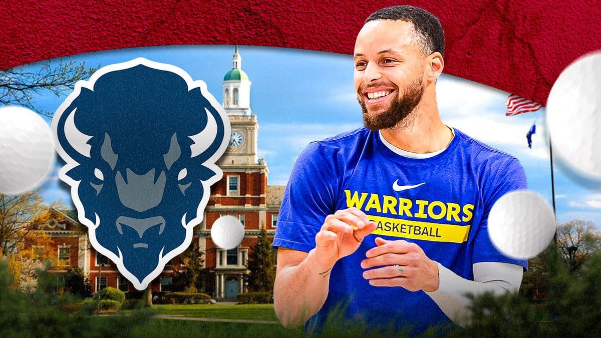 Howard Bison logo, Steph Curry, golf balls, Howard University in the background