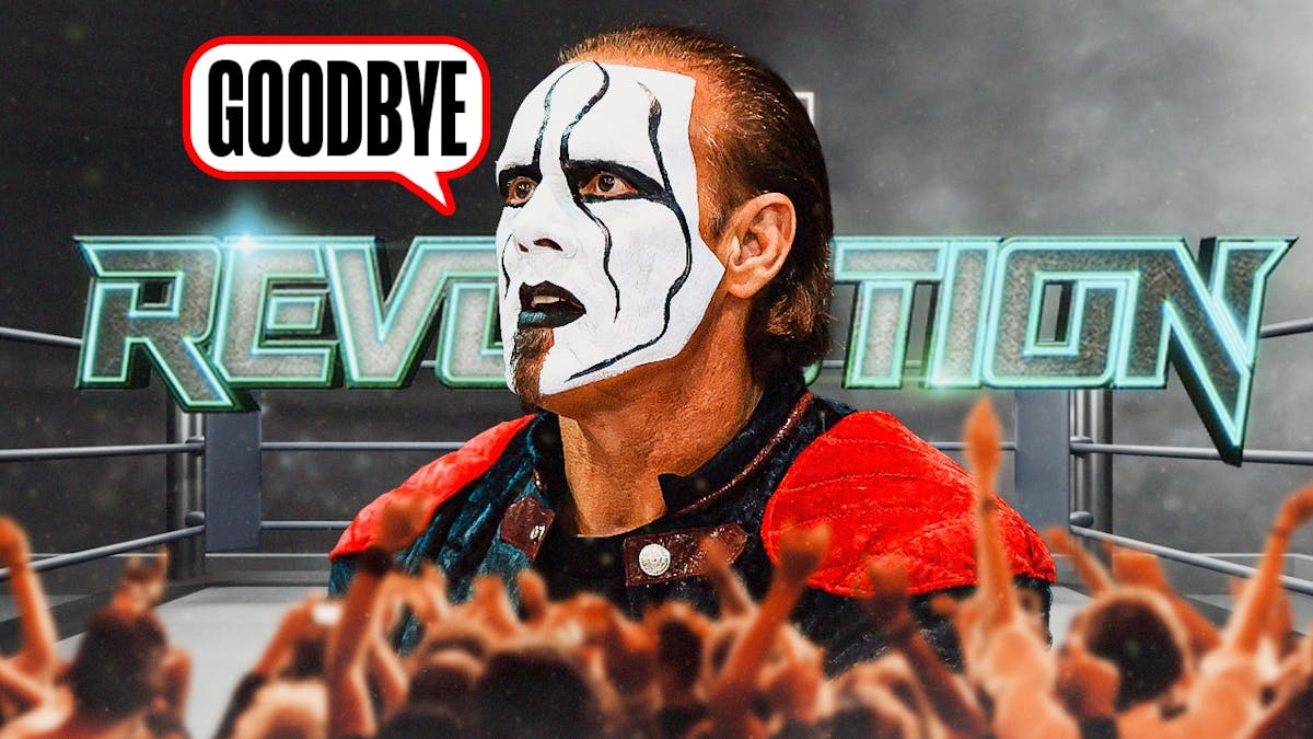 Sting with a text bubble reading “Goodbye” with the AEW Revolution logo as the background.