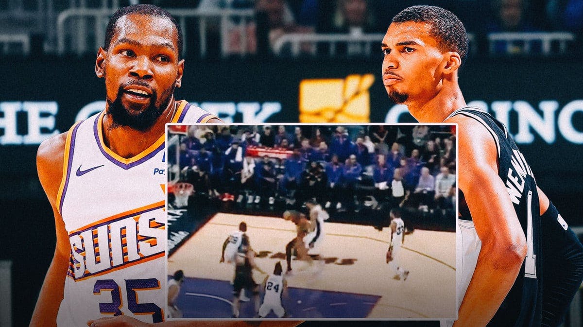 screenshot of Suns' Kevin Durant’s stepback shot over Spurs' Victor Wembanyama with Durant smiling and Wembanyama looking tired on the side