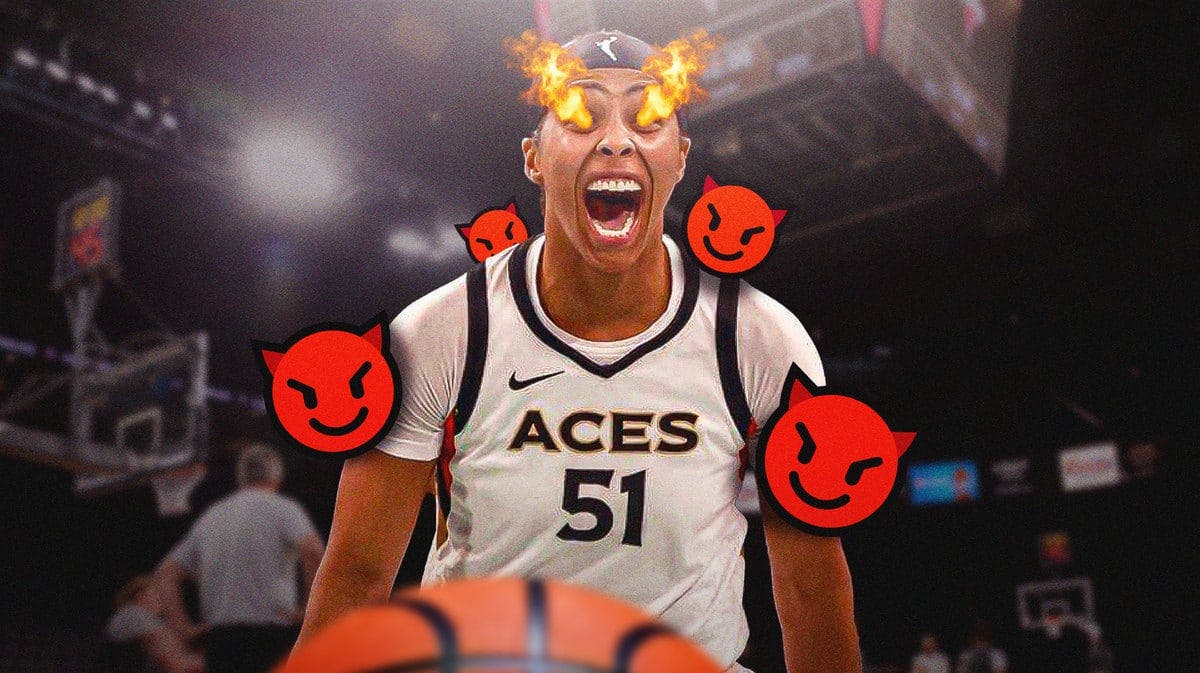 Sydney Colson on a basketball court with fire in her eyes and around her, with some smiling purple devil emojis mixed in