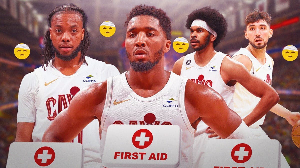 Donovan Mitchell standing in front looking serious in Cavs jersey with medical kit beside him, have Darius Garland, Jarrett Allen, Ty Jerome also in Cavs jerseys behind him with injured emojis around them