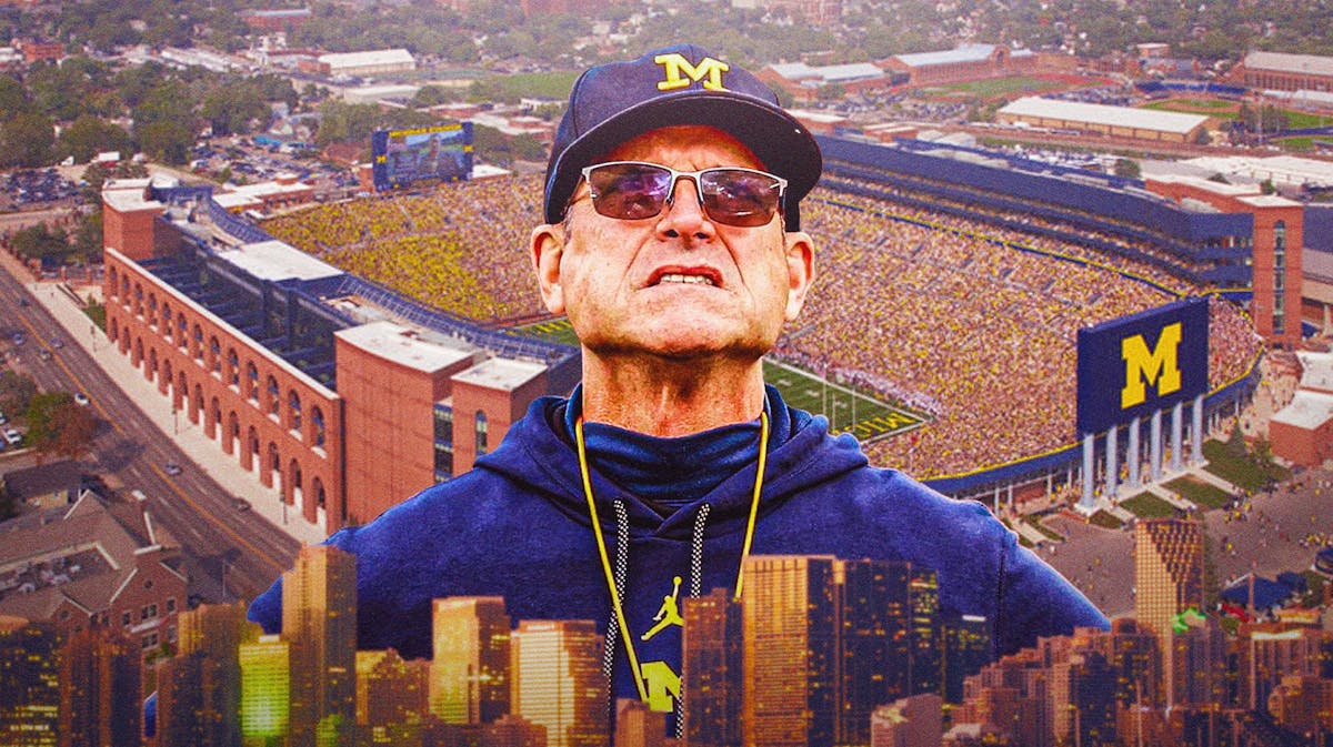 Michigan football, Wolverines, Jim Harbaugh, NCAA investigation, Michigan NCAA investigation, Jim Harbaugh looking upset with Michigan football stadium in the background