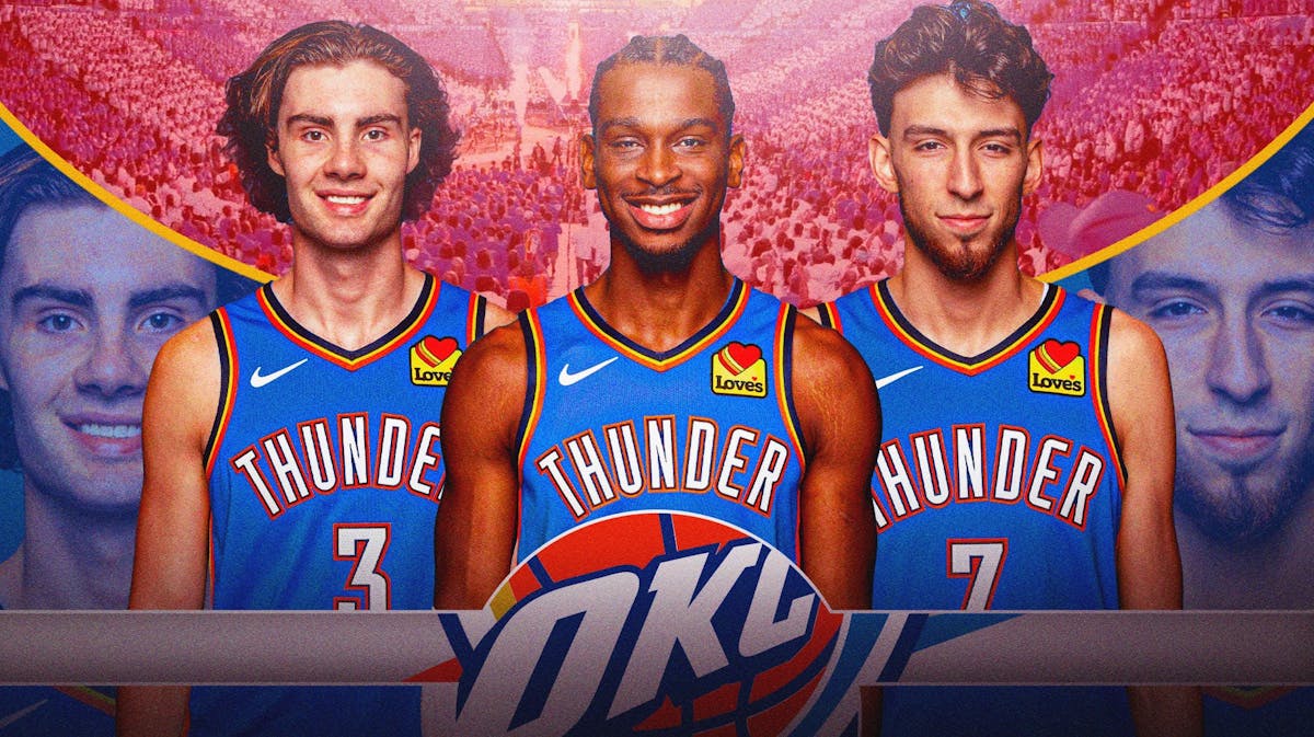 Shai Gilgeous-Alexander, Chet Holmgren and Josh Giddy with the Thunder arena in the background. Thunder bold predictions season