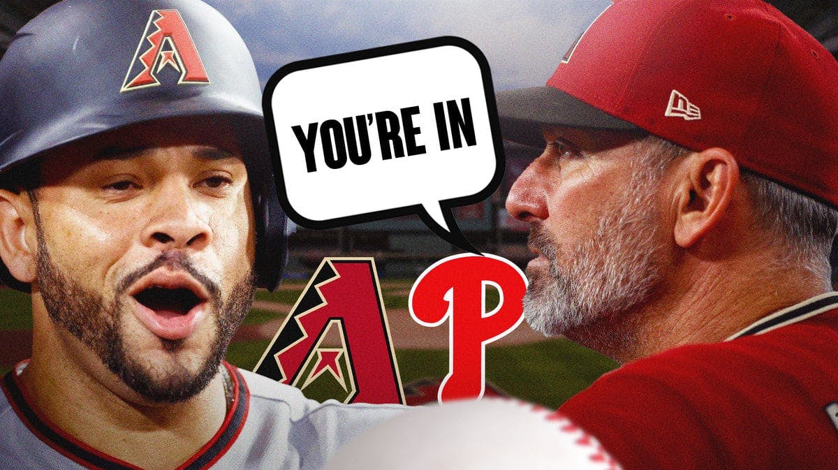 Tommy Pham on one side of image looking happy, Torey Lovullo on other side looking at him with speech bubble: “You’re in” , Diamondbacks and Phillies logos, baseball field in background