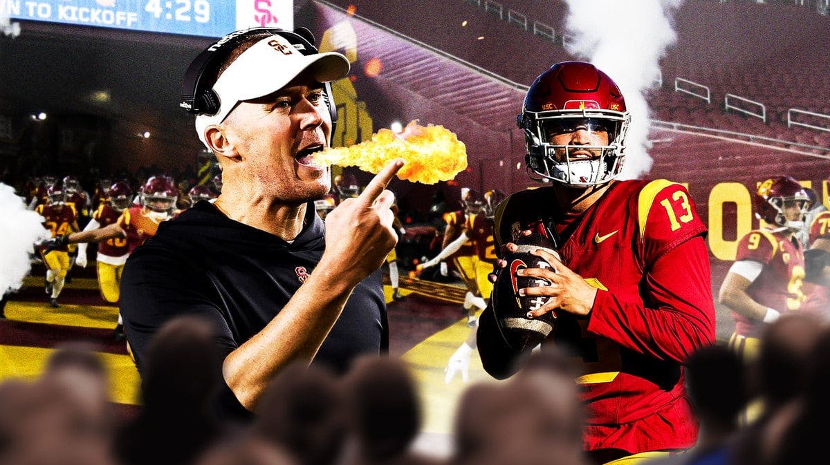 Lincoln Riley breathing fire with Caleb Williams next to him.