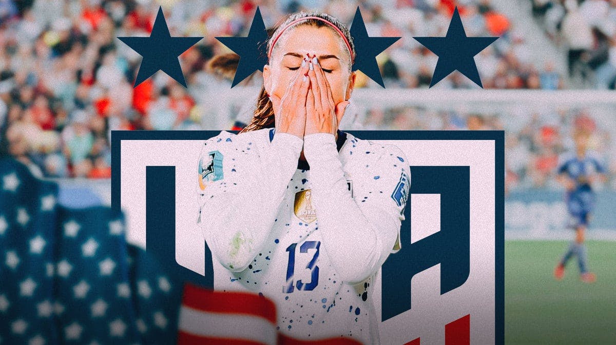 Alex Morgan looking down/sad in front of the USWNT logo