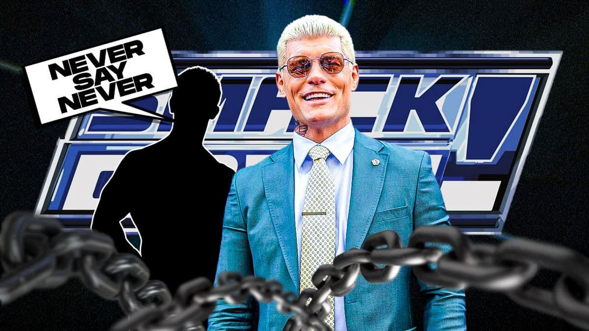 The blacked-out silhouette of Nick Aldis with a text bubble reading “Never say never” next to Cody Rhodes with the SmackDown logo as the background.