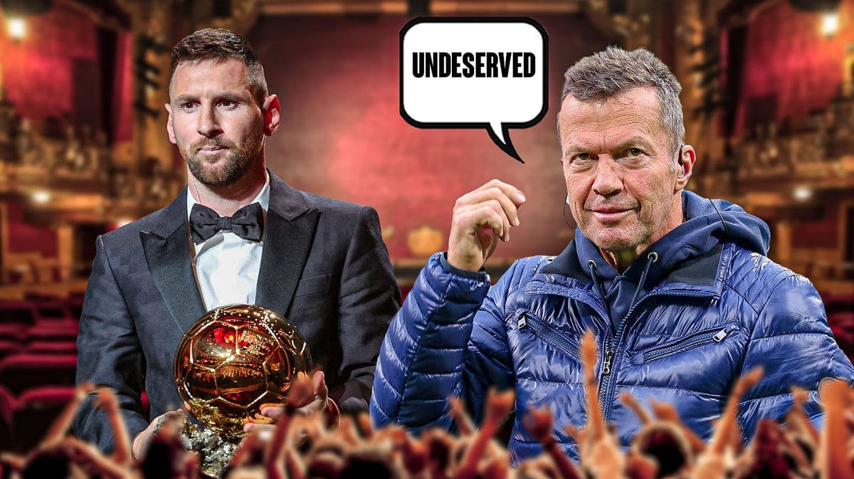 Lothar Matthaus saying: ‘Undeserved’ next to Lionel Messi, who is holding the Ballon d’Or
