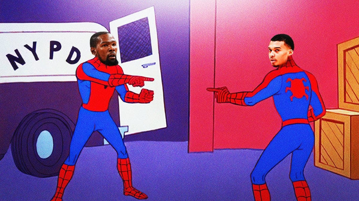 Spurs' Victor Wembanyama and Suns' Kevin Durant as the spiderman meme pointing at each other