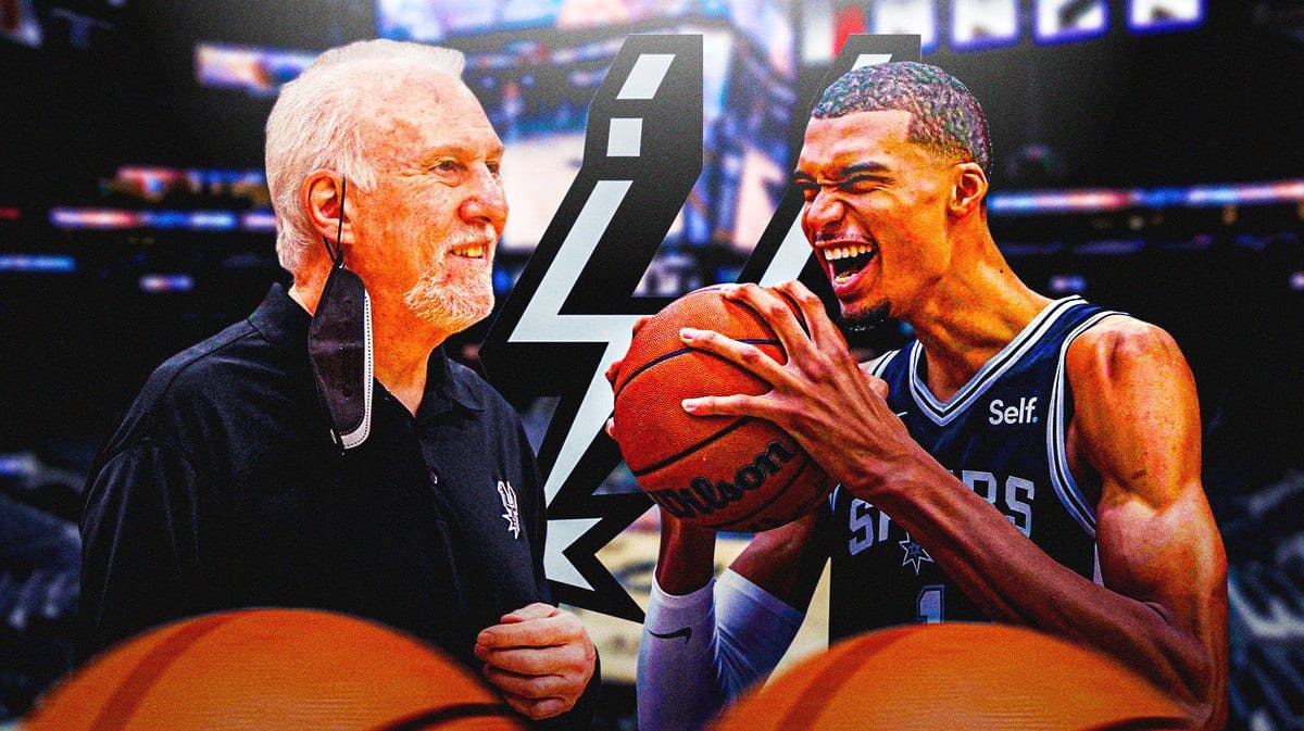 Victor Wembanyama and Gregg Popovich both in image looking happy at each other, SA Spurs logo, basketball court