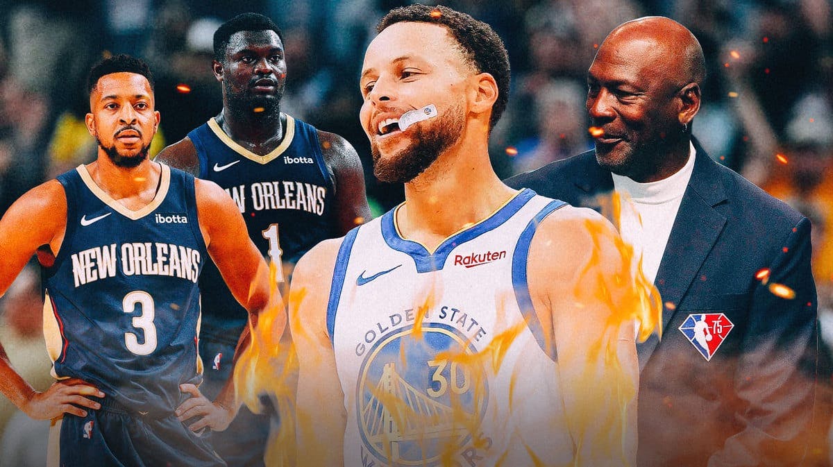 Warriors' Stephen Curry on fire, with Bulls' Michael Jordan smiling at Steph while Zion Williamson and CJ McCollum are sad on the side