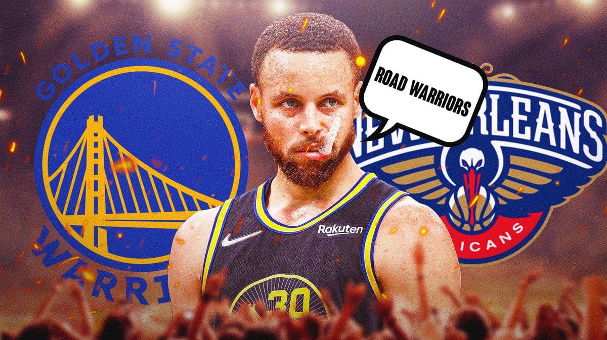Stephen Curry in middle of image with fire around hima nd speech bubble: “Road Warriors” , Warriors and Pelicans logos, basketball court