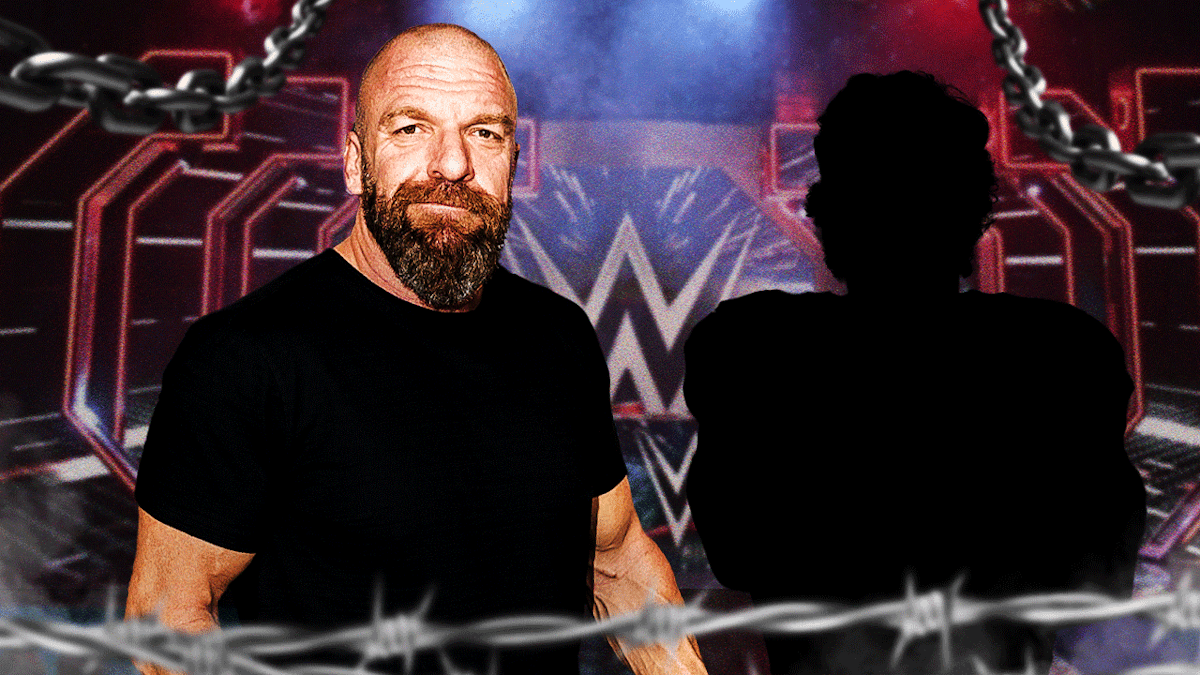 Triple H next to the blacked-out silhouette of Declan McMahon with the WWE logo as the background.