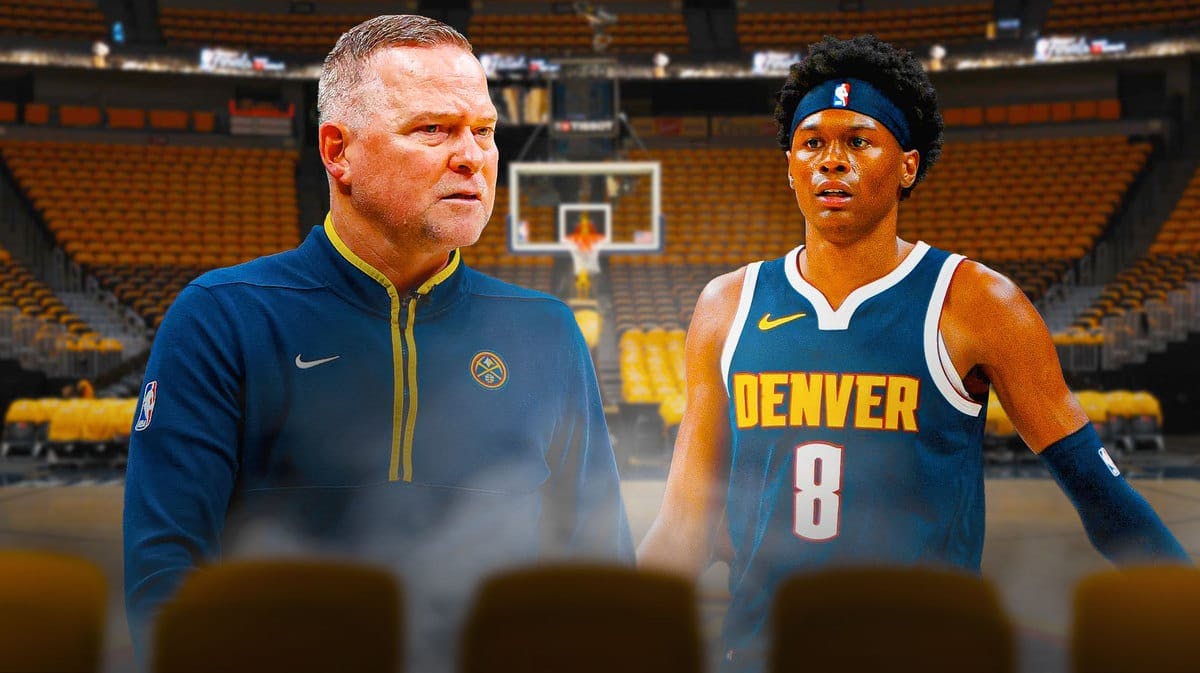 Peyton Watson, and Michael Malone with the Nuggets arena in the background