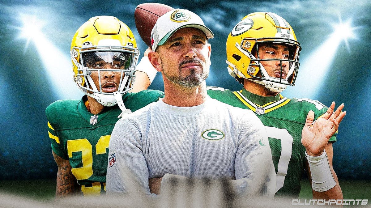 Green Bay Packers coach Matt LaFleur in center of image, with Jordan Love and Jaire Alexander beside him in background