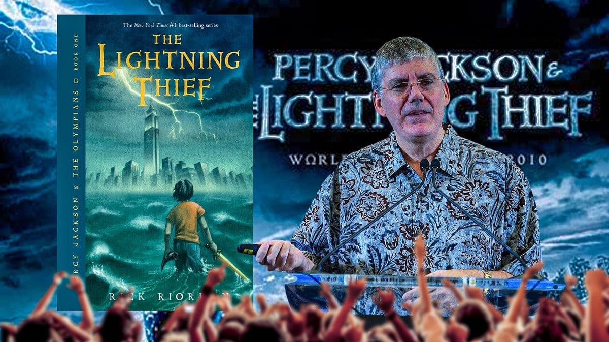 The Lightning Thief book cover, Percy Jackson movie, and Rick Riordan