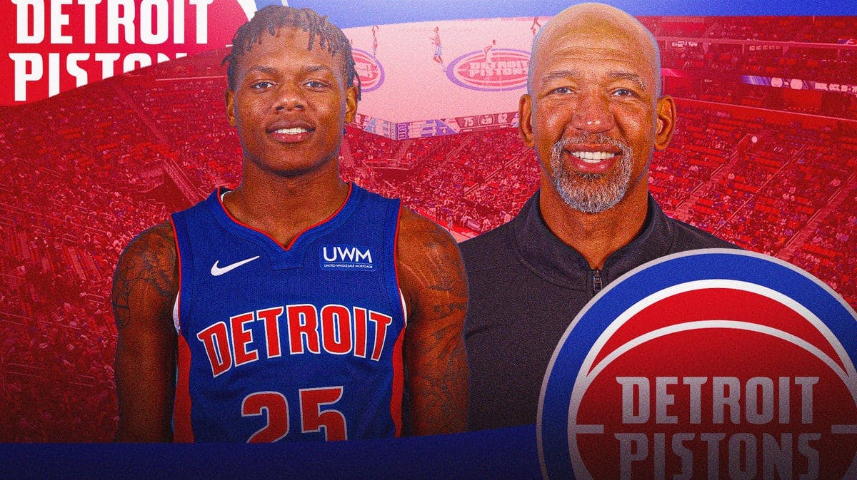 Marcus Sasser and Monty Williams with the Pistons arena in the background