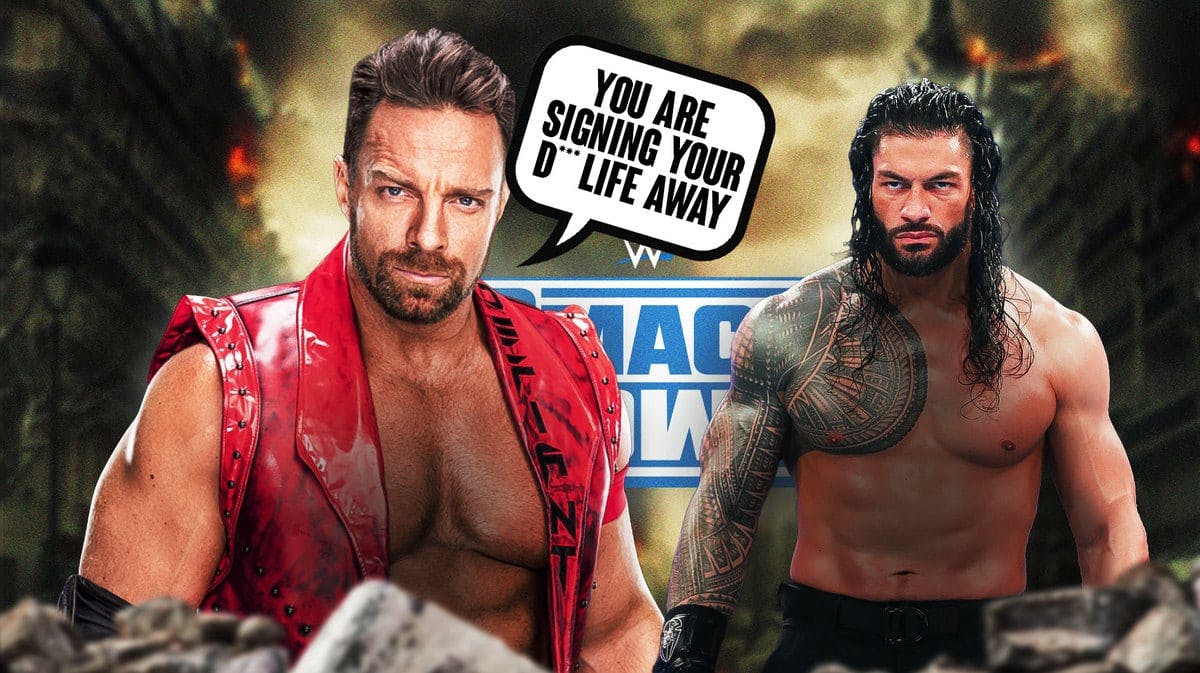LA Knight with a text bubble reading “You are signing your d*** life away” next to Roman Reigns with the SmackDown logo as the background.