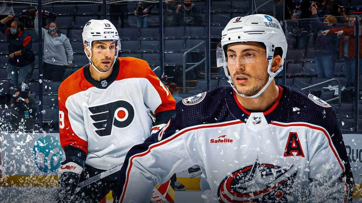 Zach Werenski of the Blue jackets and Garnet Hathaway of the Flyers