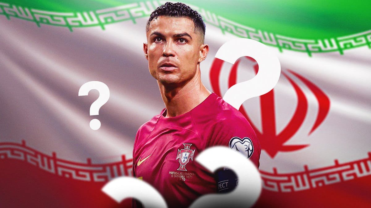 Cristiano Ronaldo in front of the Iranian flag, with questionmarks in the air