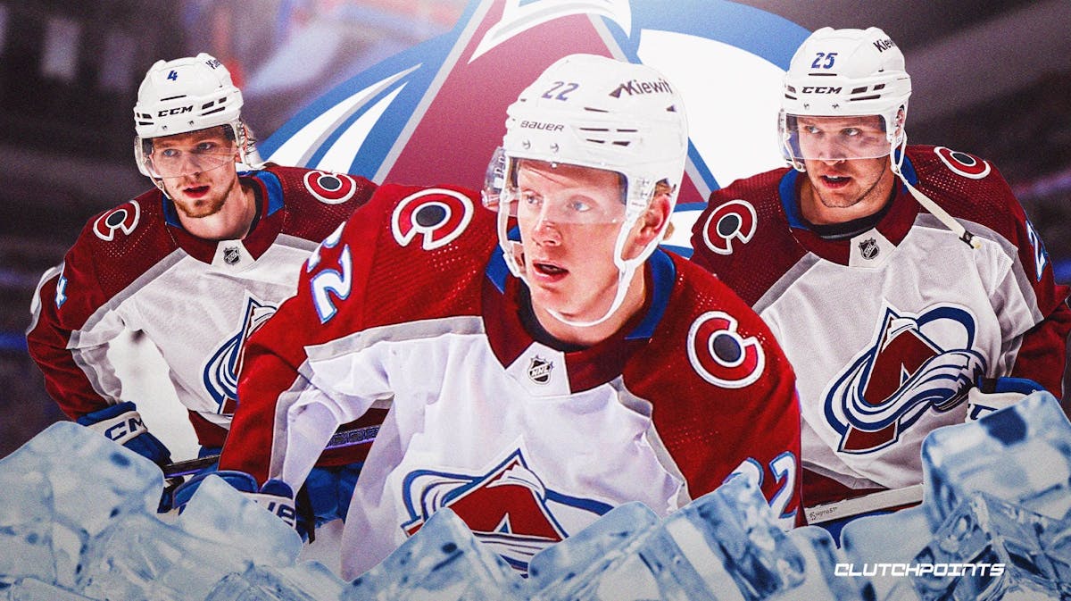 Fredrick Olofsson, Logan O’Connor, Bowen Byram in image, COL Avalanche logo, hockey rink in background