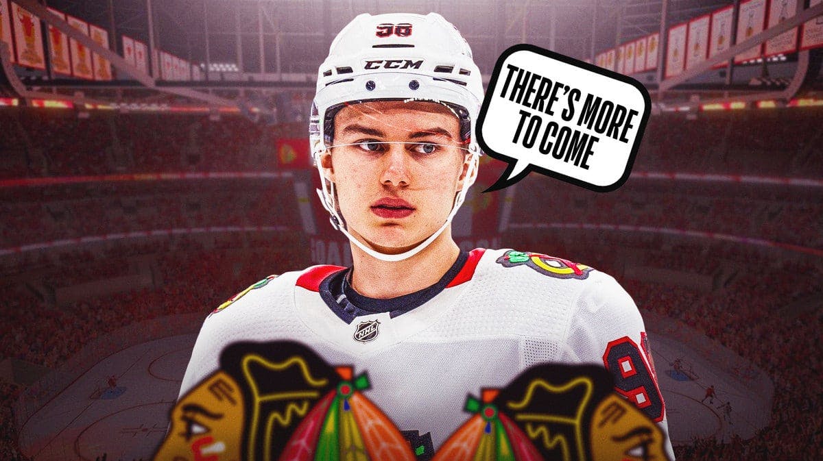 Connor Bedard in a Chicago Blackhawks jersey with a caption bubble saying "There's more to come"