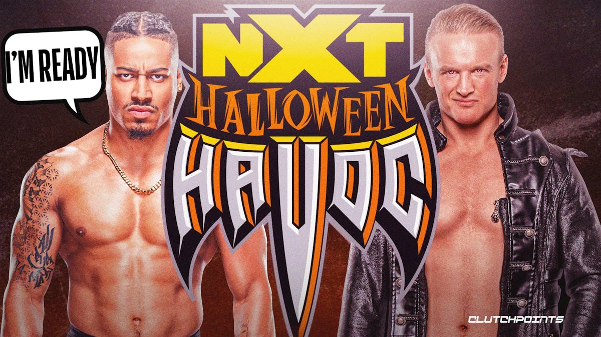 Carmelo Hayes with a text bubble reading “I’m ready” next to Ilja Dragunov with the NXT Halloween Havoc logo as the background.