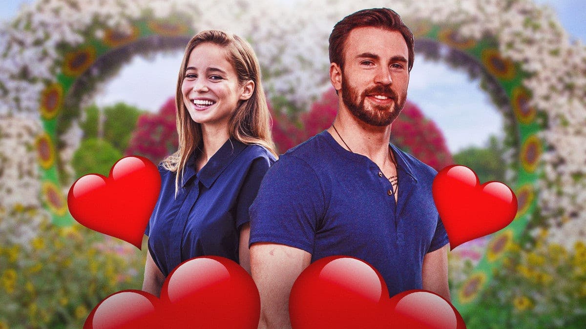Chris Evans and Alba Baptista surrounded by hearts.