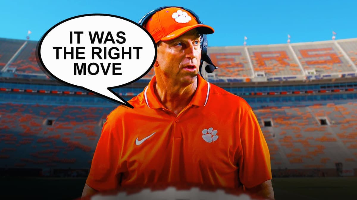 Dabo Swinney with a speech bubble that says "It was the right move"