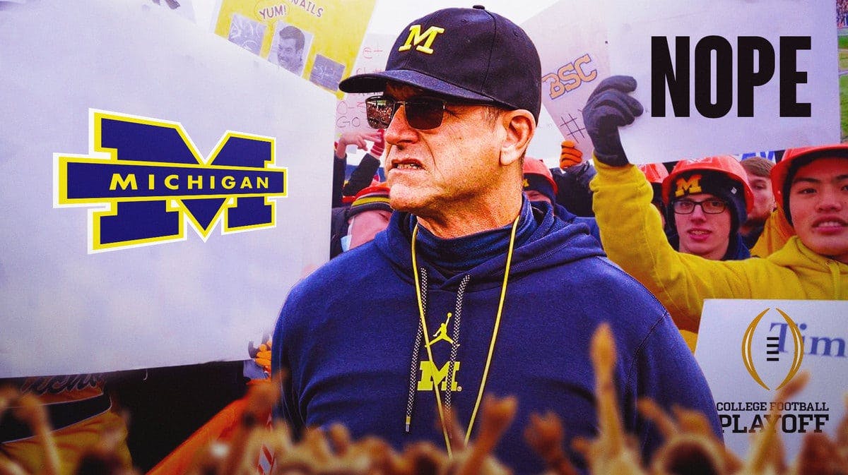 Jim Harbaugh, Michigan football, concerned with fans holding signs up for the College Football Playoff