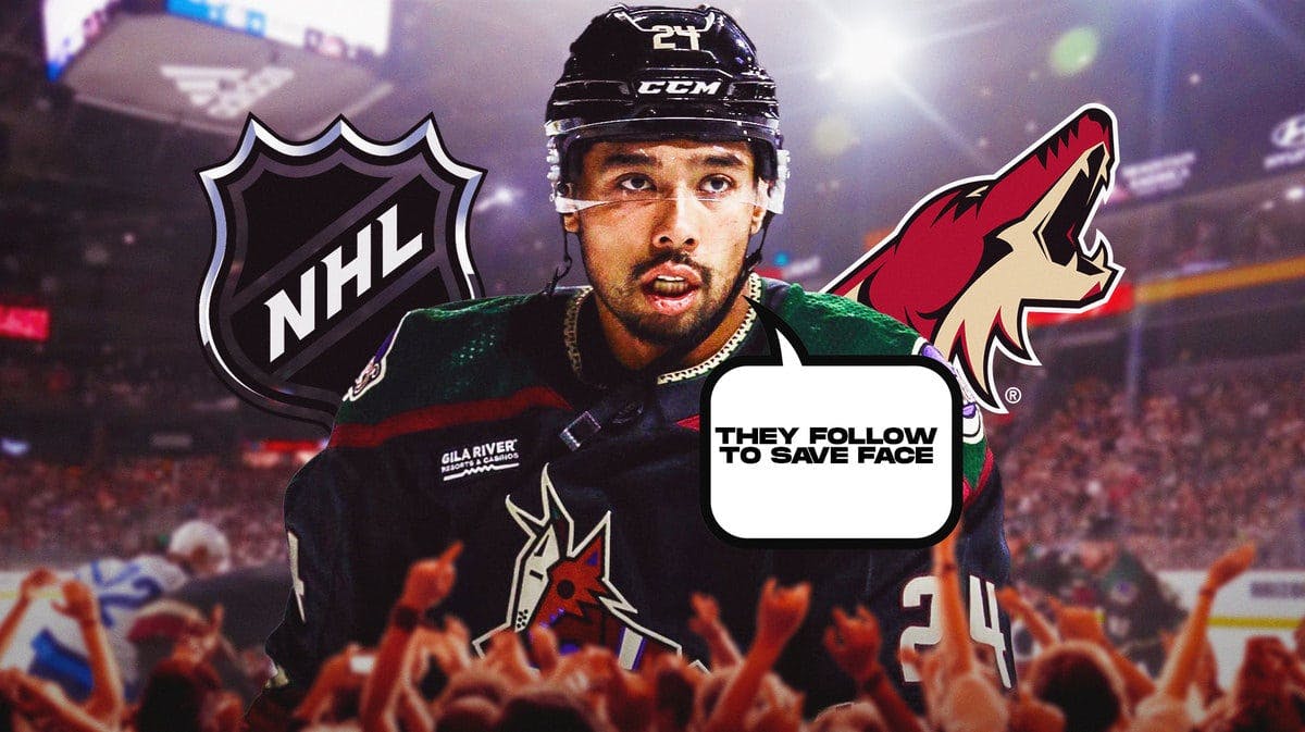 Image: Matt Dumba in middle of image looking stern with speech bubble: “They follow to save face” , NHL and AZ Coyotes logo, hockey rink NHL Pride Tape
