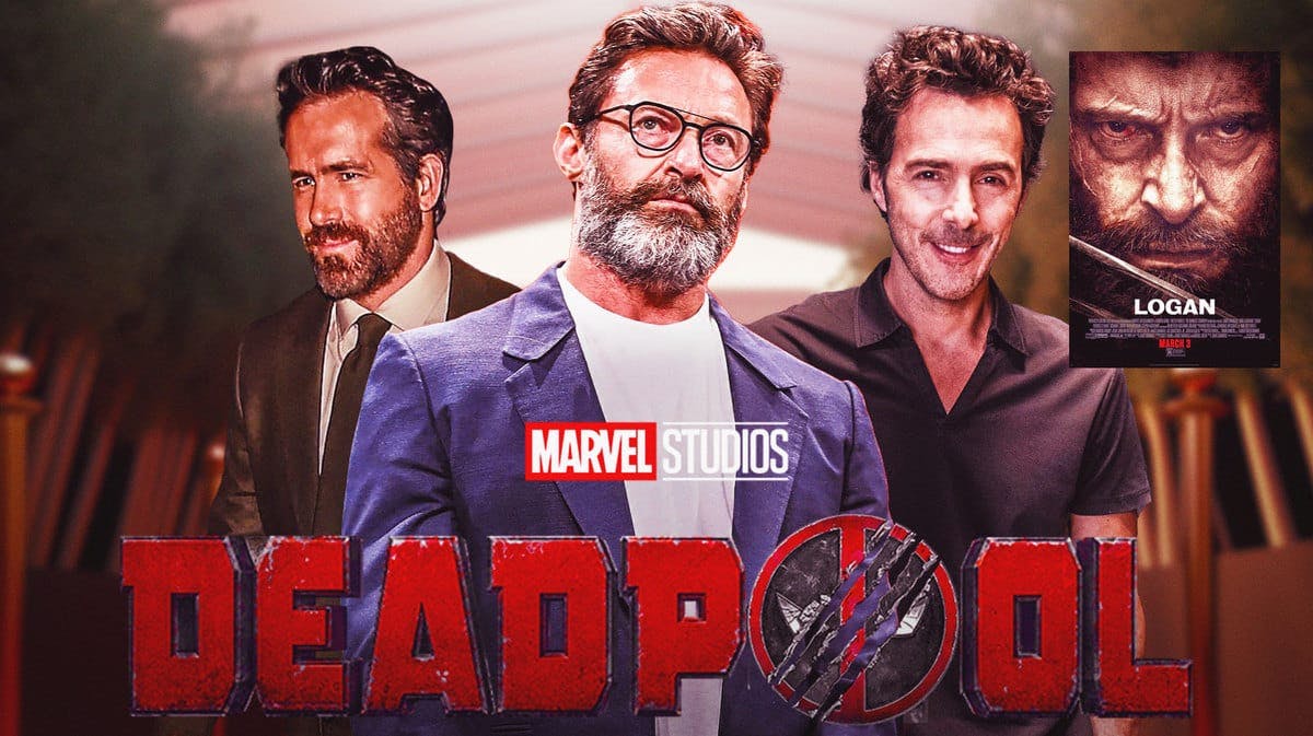 Ryan Reynolds, Hugh Jackman, and Shawn Levy behind MCU Deadpool 3 logo and Logan poster.